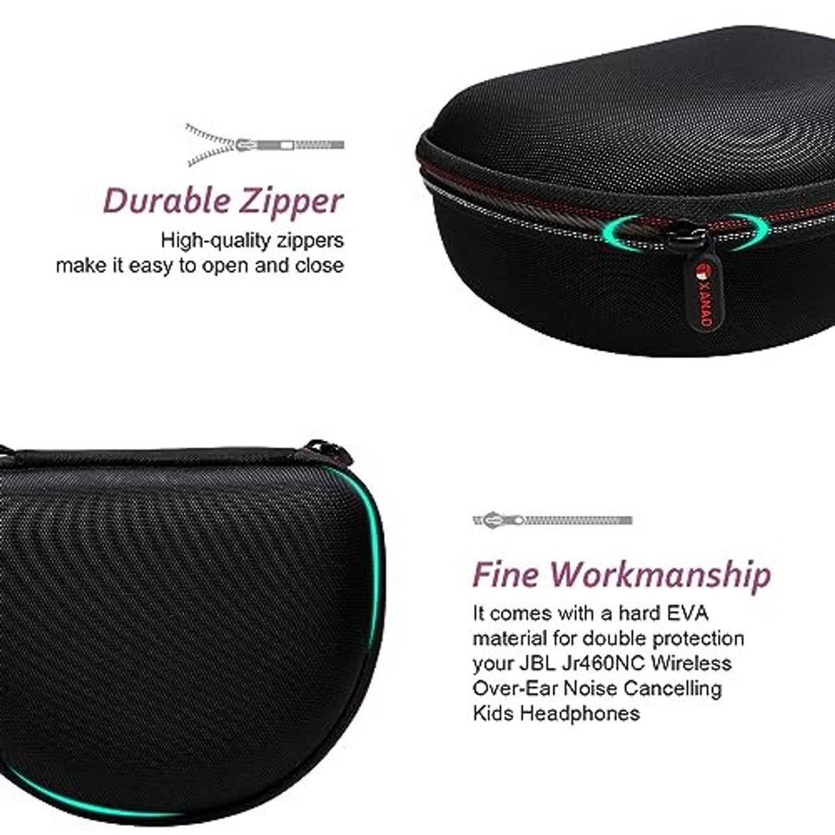 Black hard headphone case with textured finish, zippered top and green accent trim.