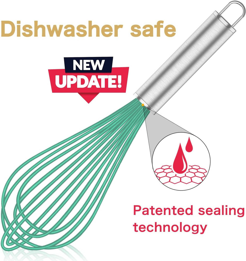 Teal silicone whisk with stainless steel handle, wire loops for mixing