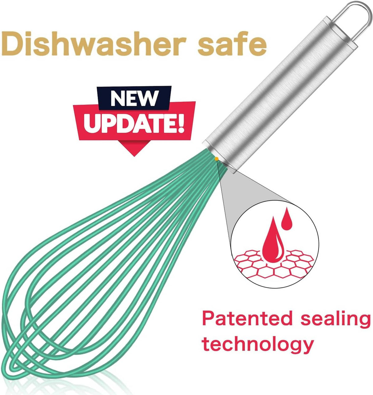 Teal silicone whisk with stainless steel handle, wire loops for mixing