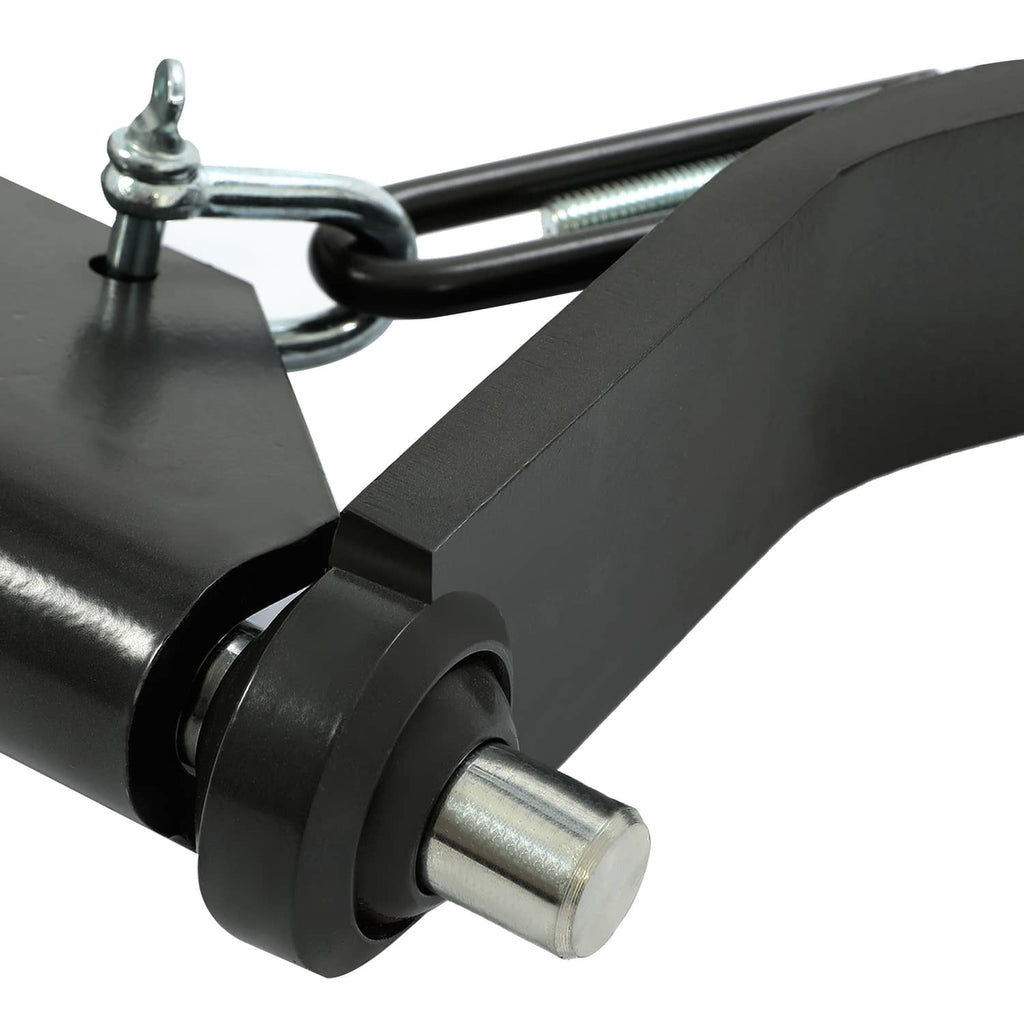 Black hitch crossbar with top hook, chain loop, and joint bushing