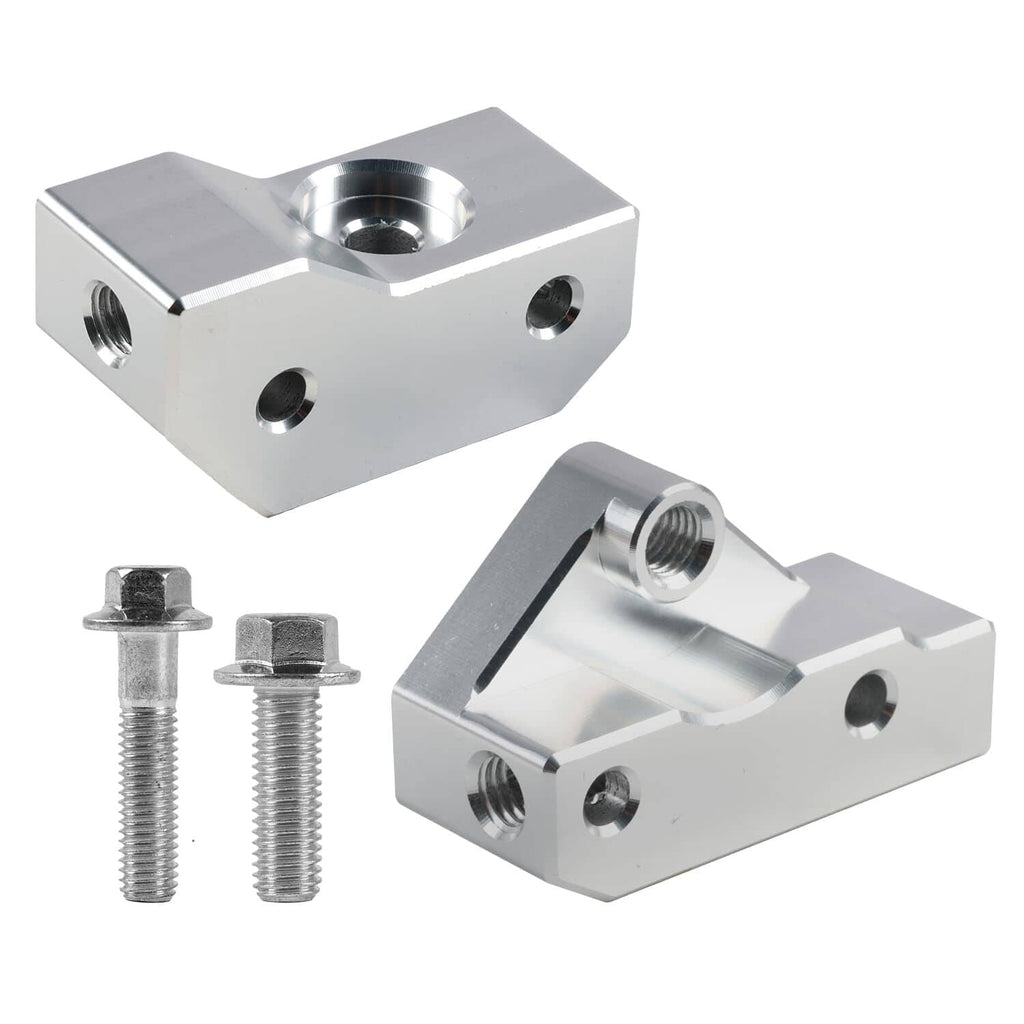 Knock sensor relocation bracket set with two silver brackets and two mounting bolts