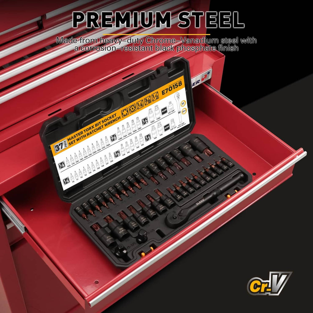 Torx bit socket set in a red storage tray with multiple socket pieces