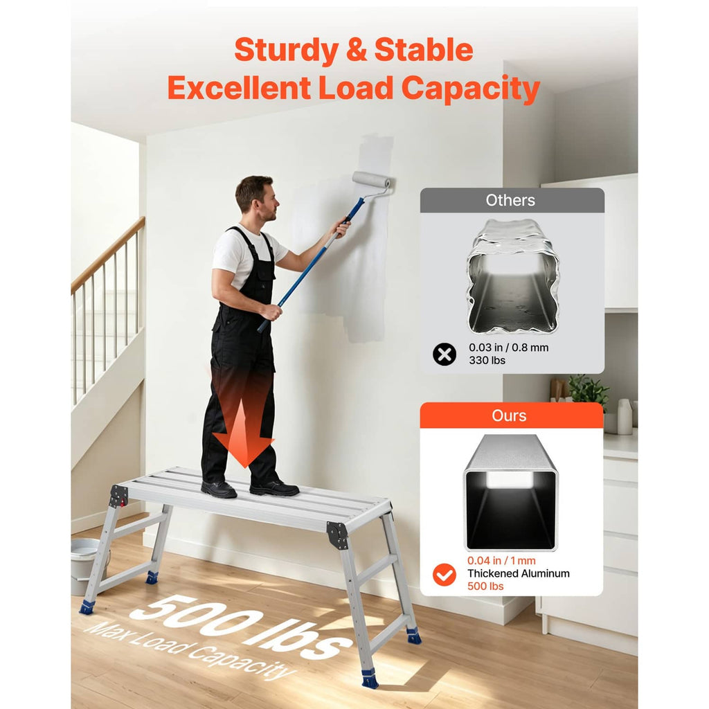 Adjustable folding work platform in use, ribbed top and blue stabilizing feet