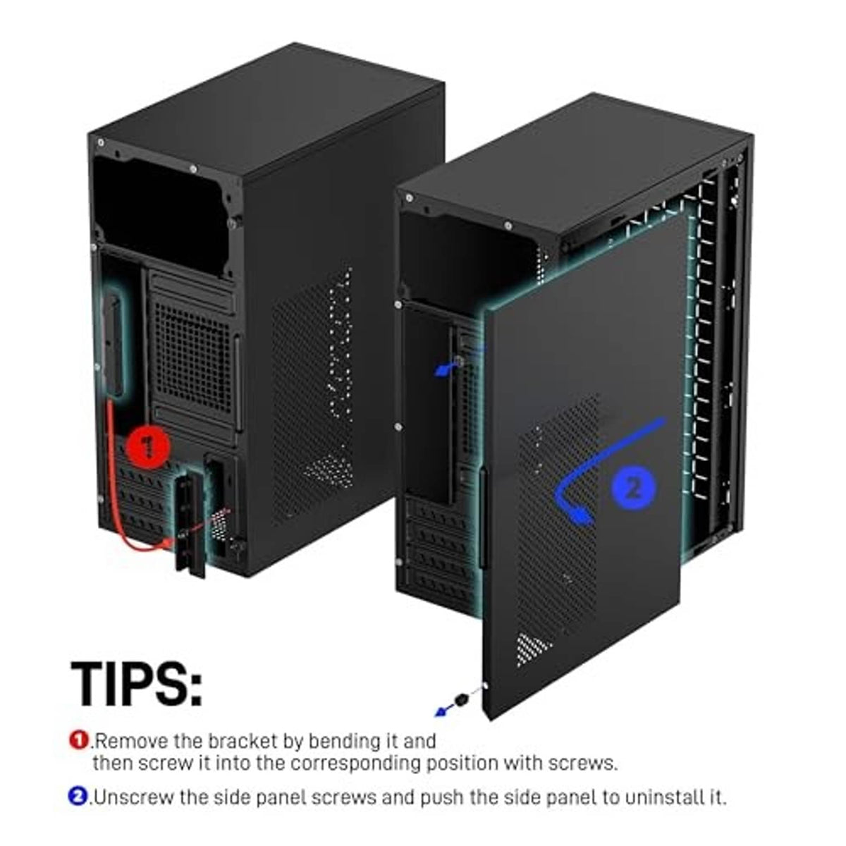 Black mini PC case with removable side panels shown open for installation