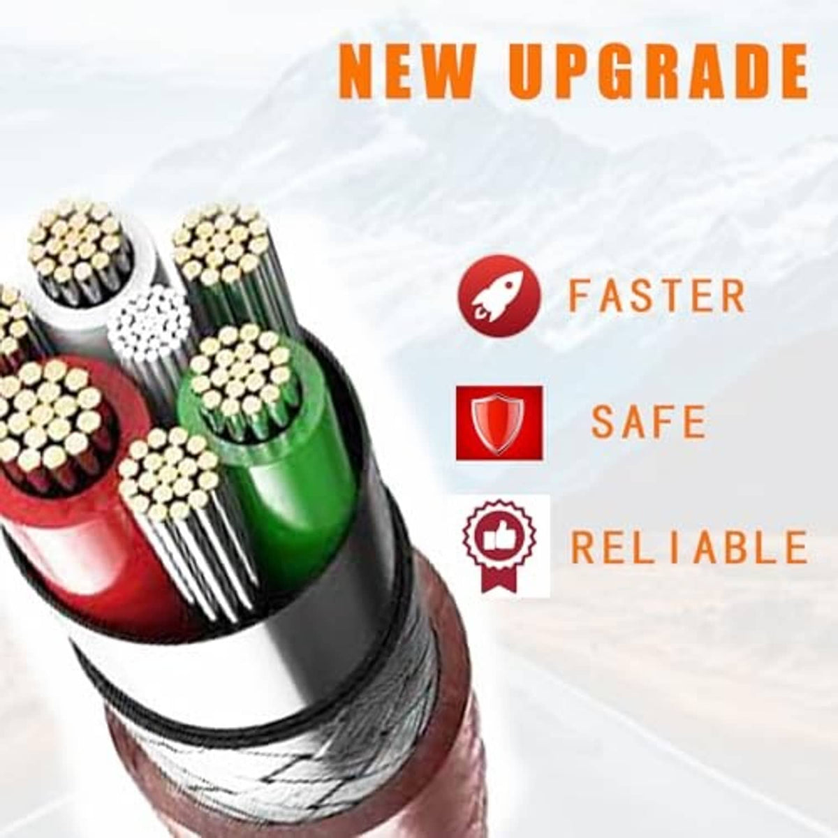 Cable cross-section graphic with green, red, and black conductors and safety icons