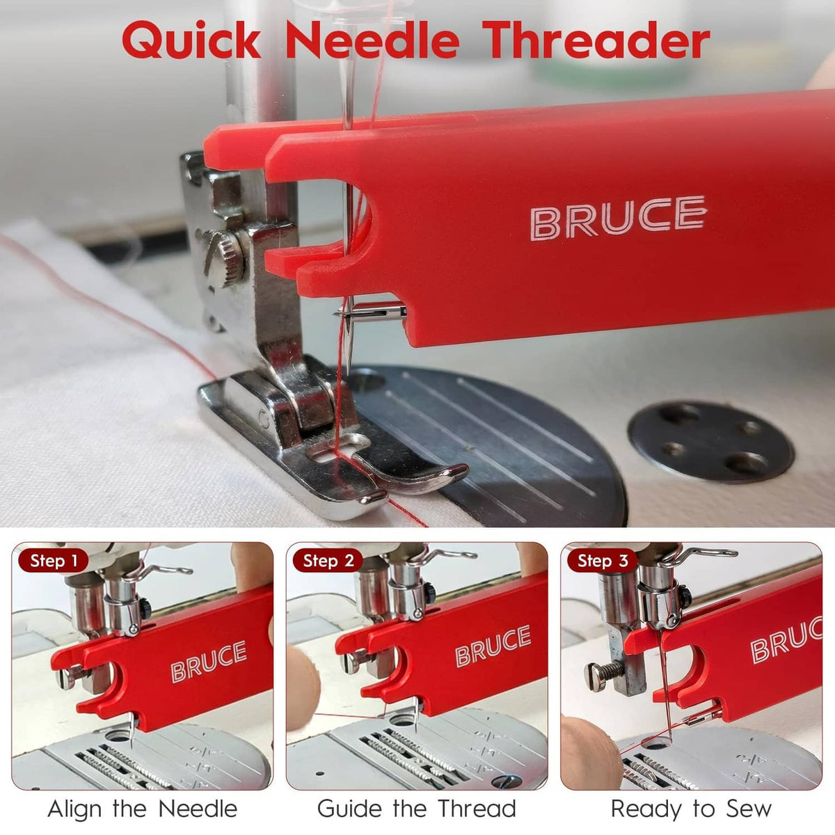 Red quick needle threader positioned at sewing machine needle area