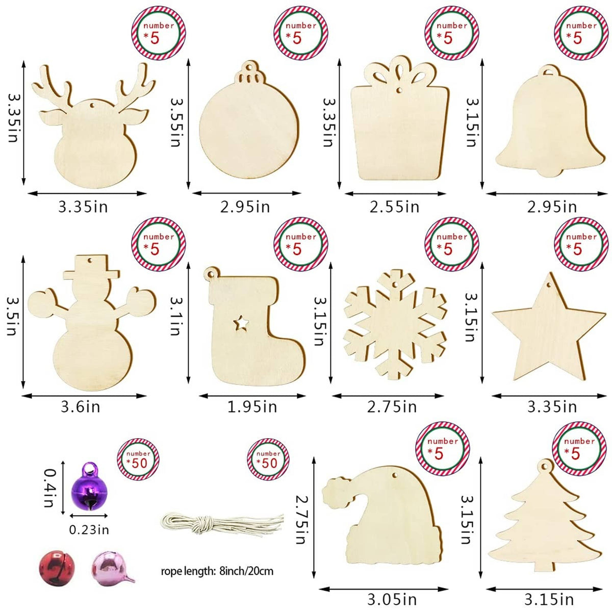 Unfinished wooden Christmas ornament blanks with hanging loops and size guide labels