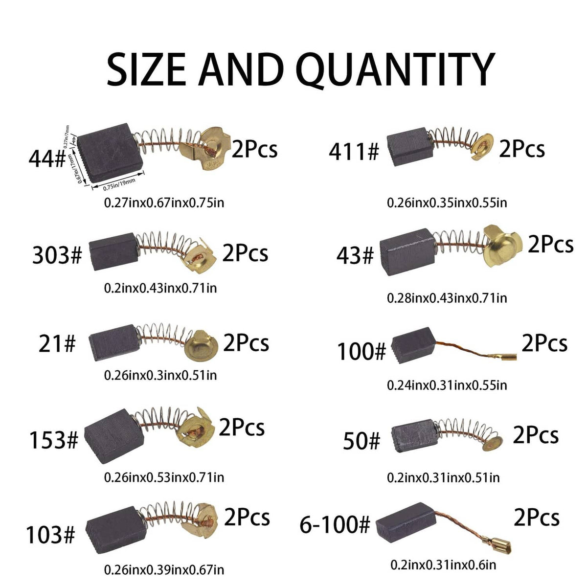 Electric motor carbon brushes showing multiple sizes and counts, black blocks with gold caps