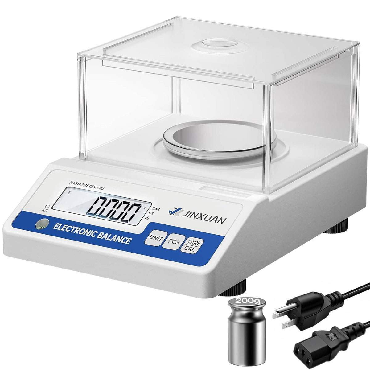 Digital electronic balance scale with clear glass wind shield and round weighing pan
