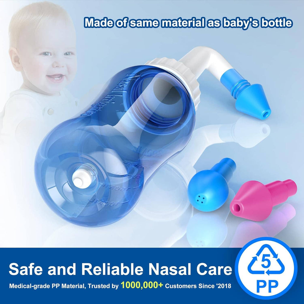 Blue nasal rinse squeeze bottle with curved spout and replacement blue and pink nozzles