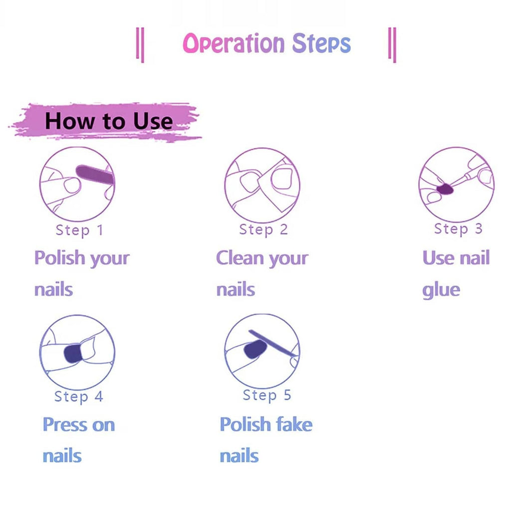 Press-on nail application steps diagram showing polishing, cleaning, and glue use