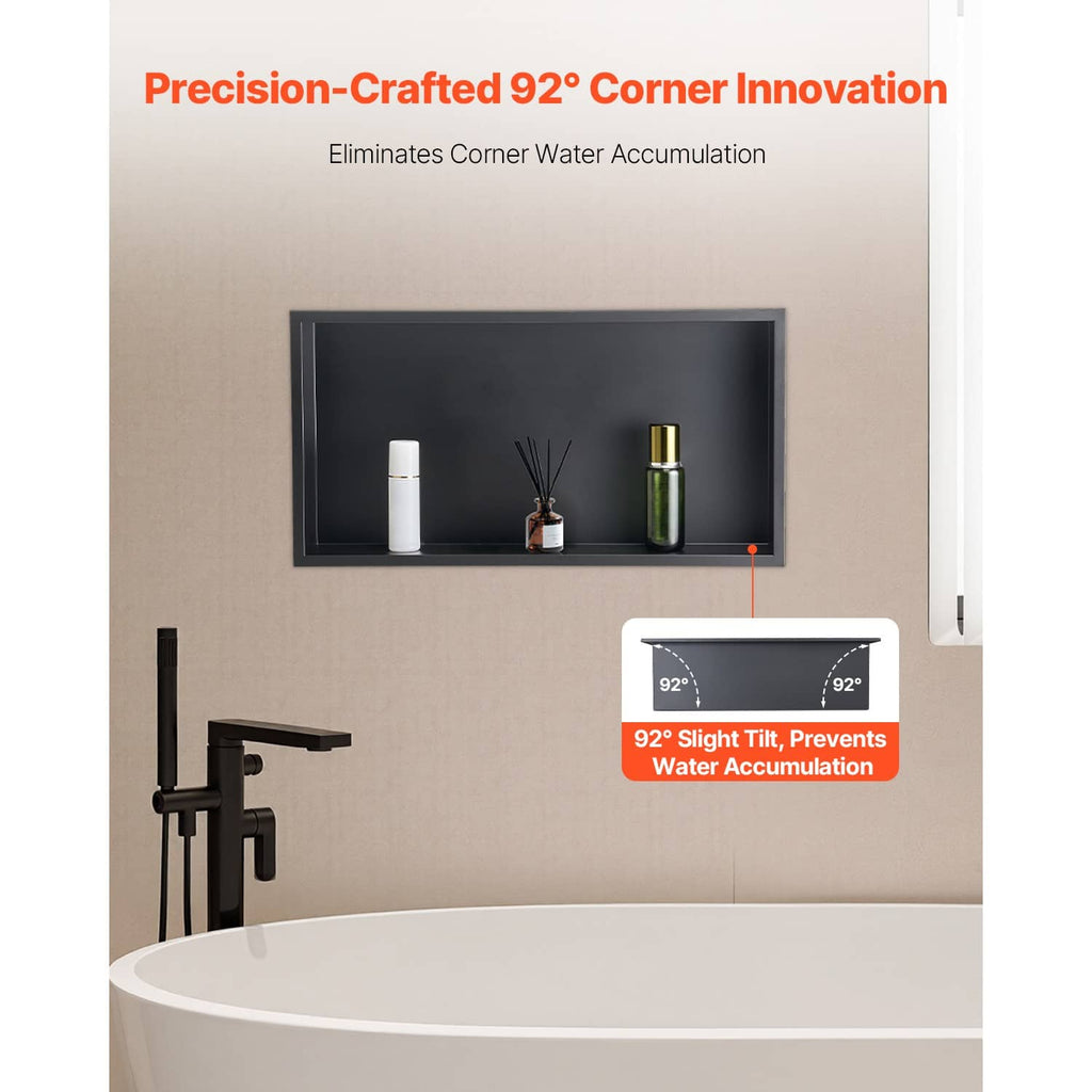 Corner recessed shower niche wall shelf with dark stainless steel tray, installed above tub