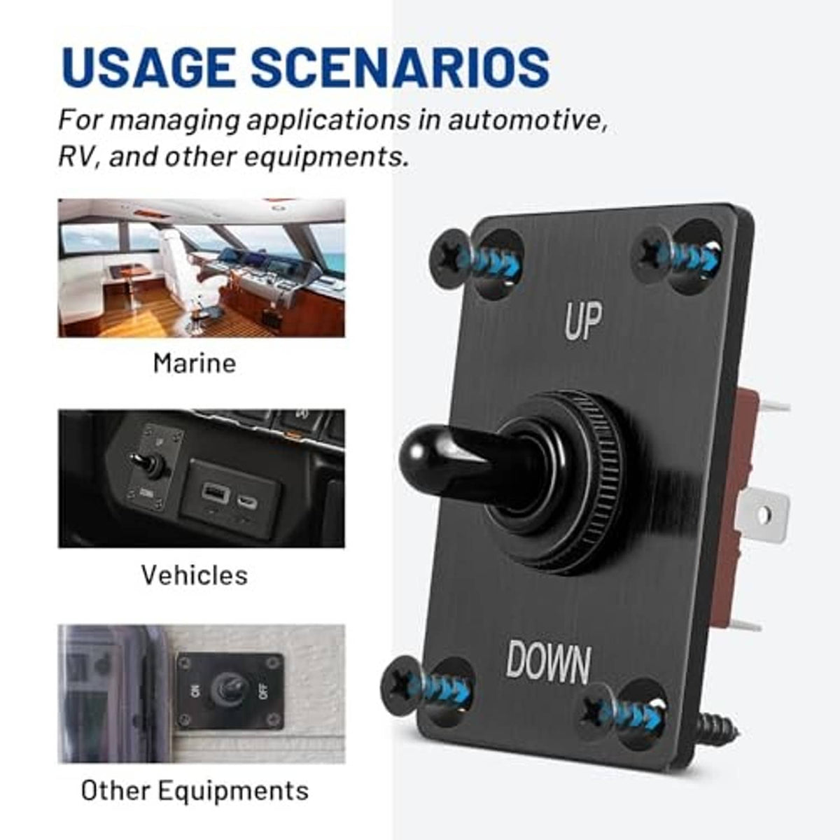 Marine toggle switch with black lever and UP/DOWN text on rectangular faceplate