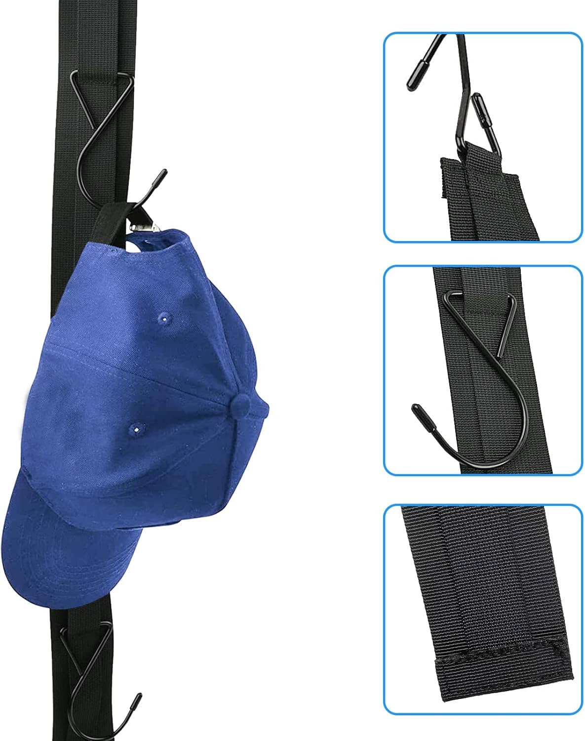 Black hanging rack with metal rod and straps, holding a blue cloth cap