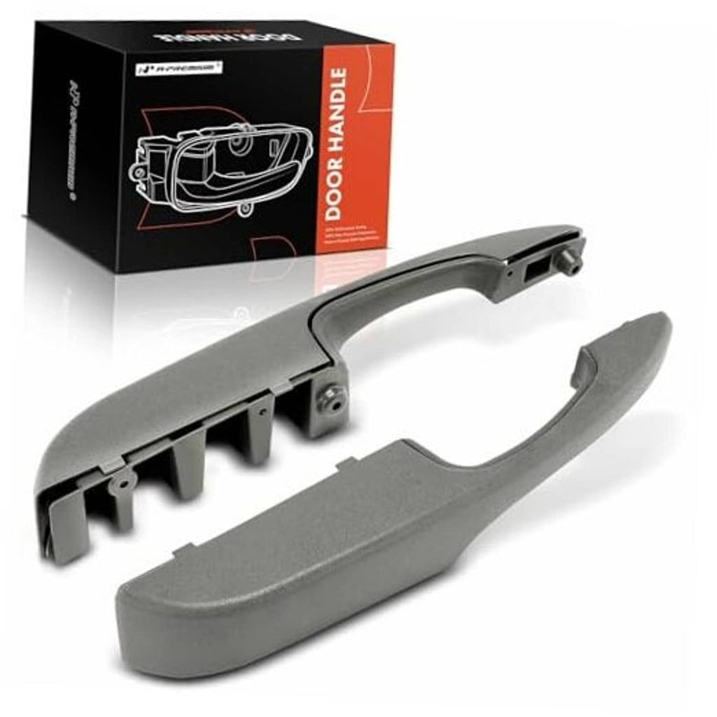 Gray interior door pull handle pair with curved grip and mounting brackets, front set.