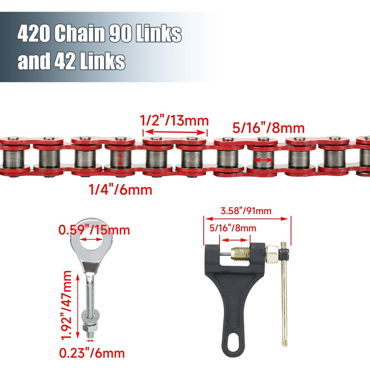 Red 420 chain link size and tool guide diagram with chain breaker parts