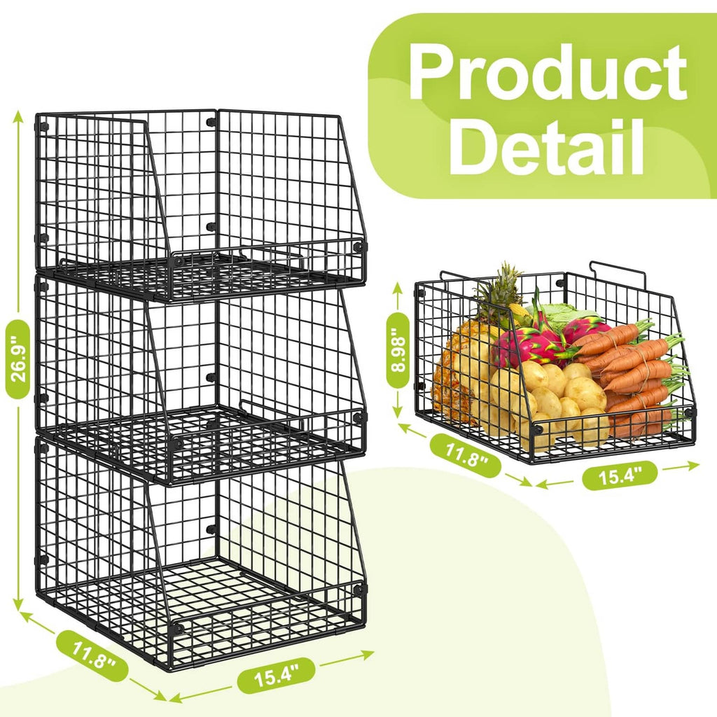 Black stackable wire storage basket set, 3-tier modular corner design