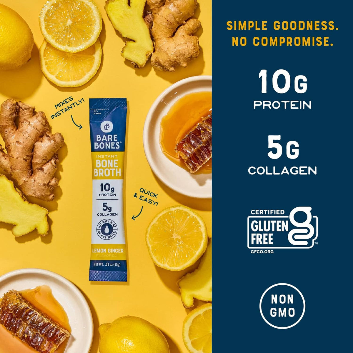 Bare Bones instant bone broth lemon ginger stick pack with lemon and ginger