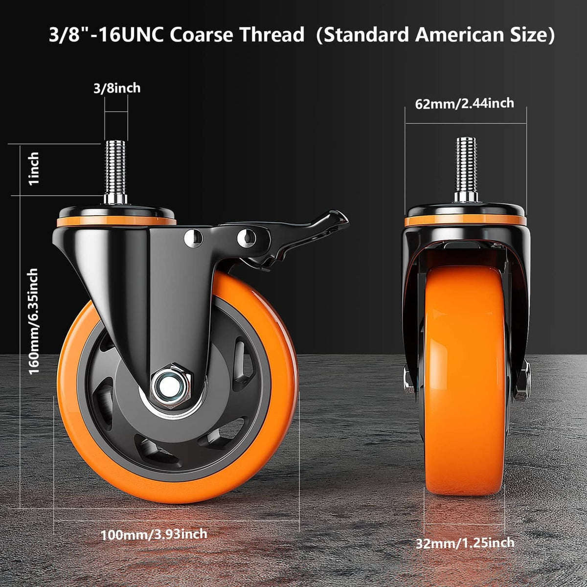 Threaded stem caster wheel with orange wheel and black frame, showing overall size dimensions