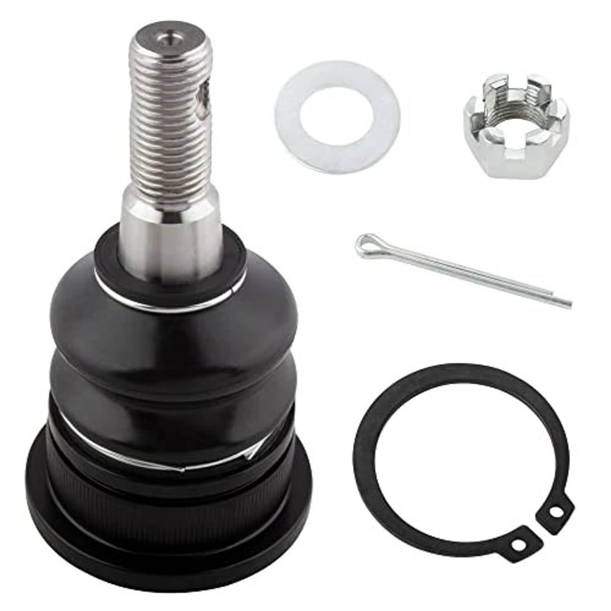 Ball joint end with black boot and chrome stud, included washers, nuts, and circlip