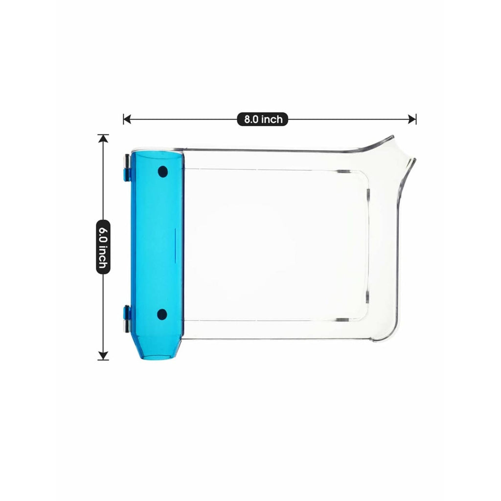 Pill counting tray with blue pusher; measurement callouts show 8.0-inch length
