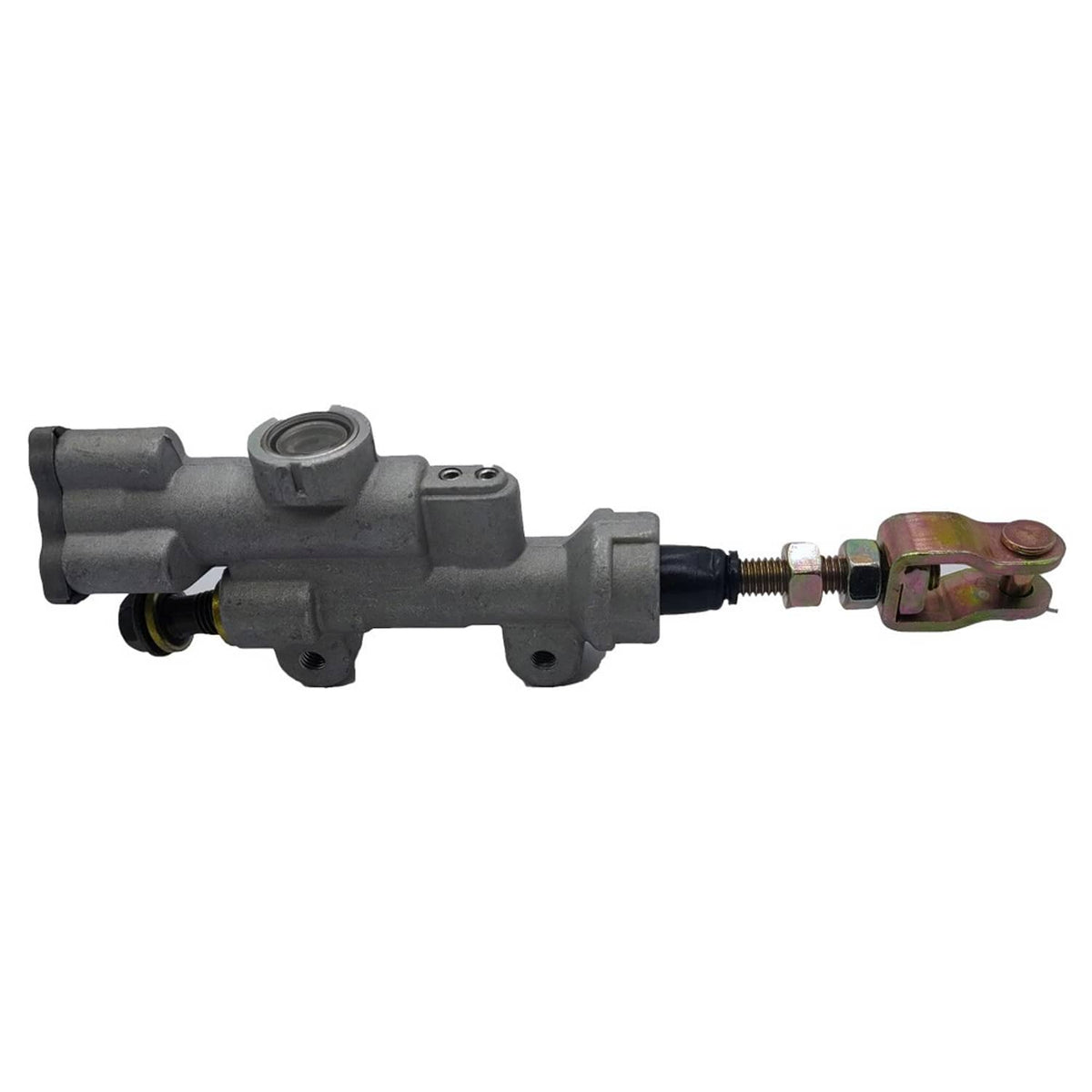 Rear brake master cylinder with hose fitting, metal body and mounting holes
