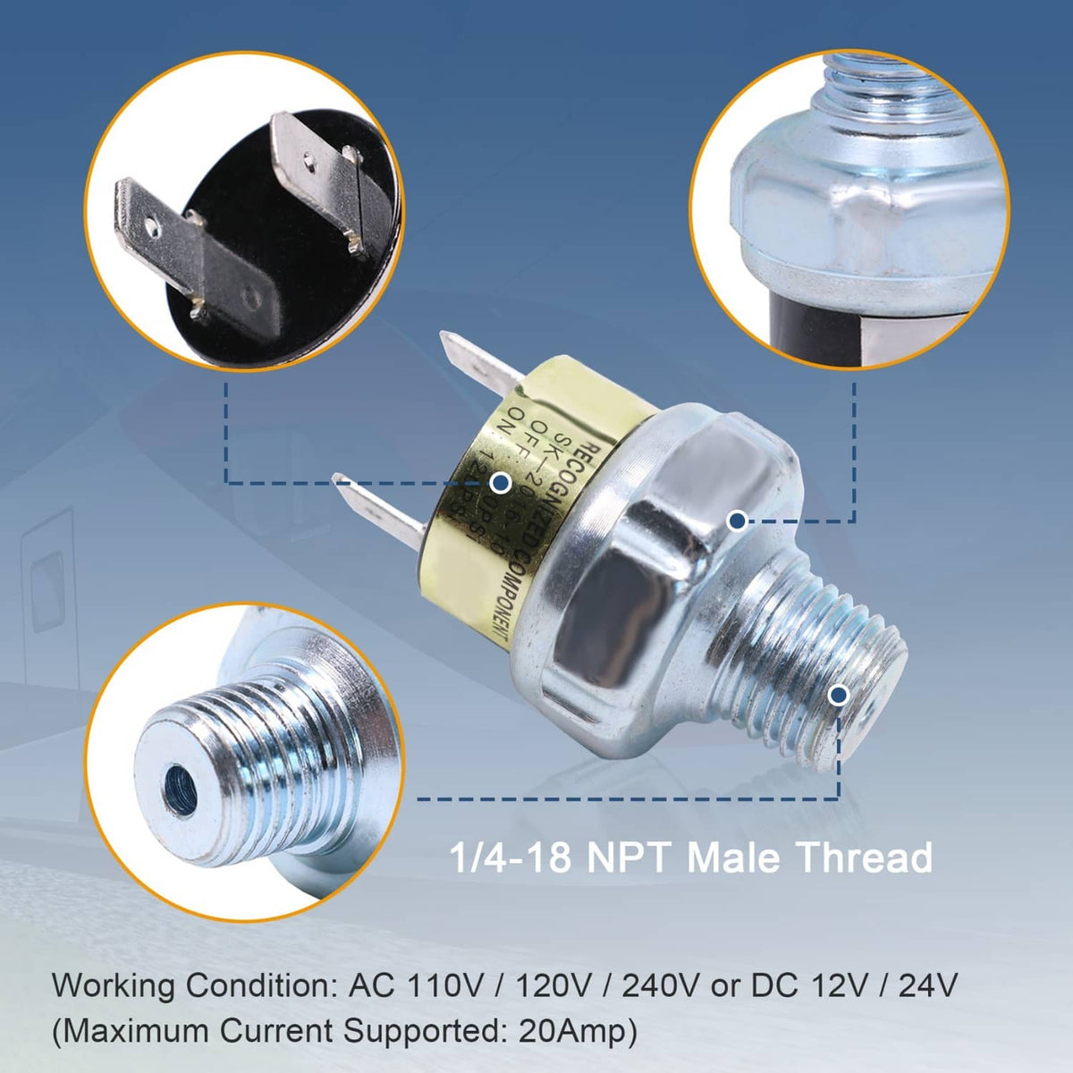 Air pressure switch valve with black electrical base and silver threaded connector