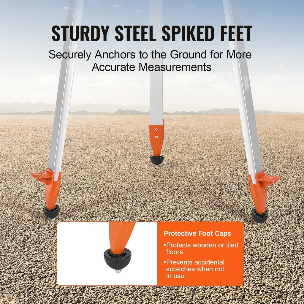 Laser level tripod stand with pointed steel spike feet and orange protective caps.