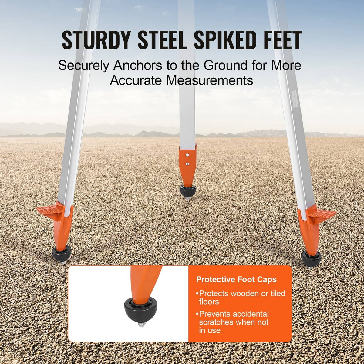 Laser level tripod stand with pointed steel spike feet and orange protective caps.