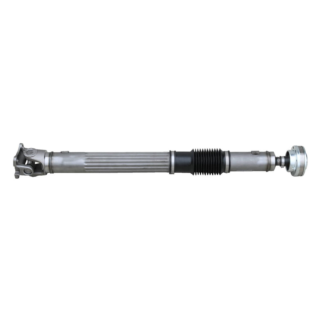 Front driveshaft with splined-looking midsection, rubber boot, and metal end yoke