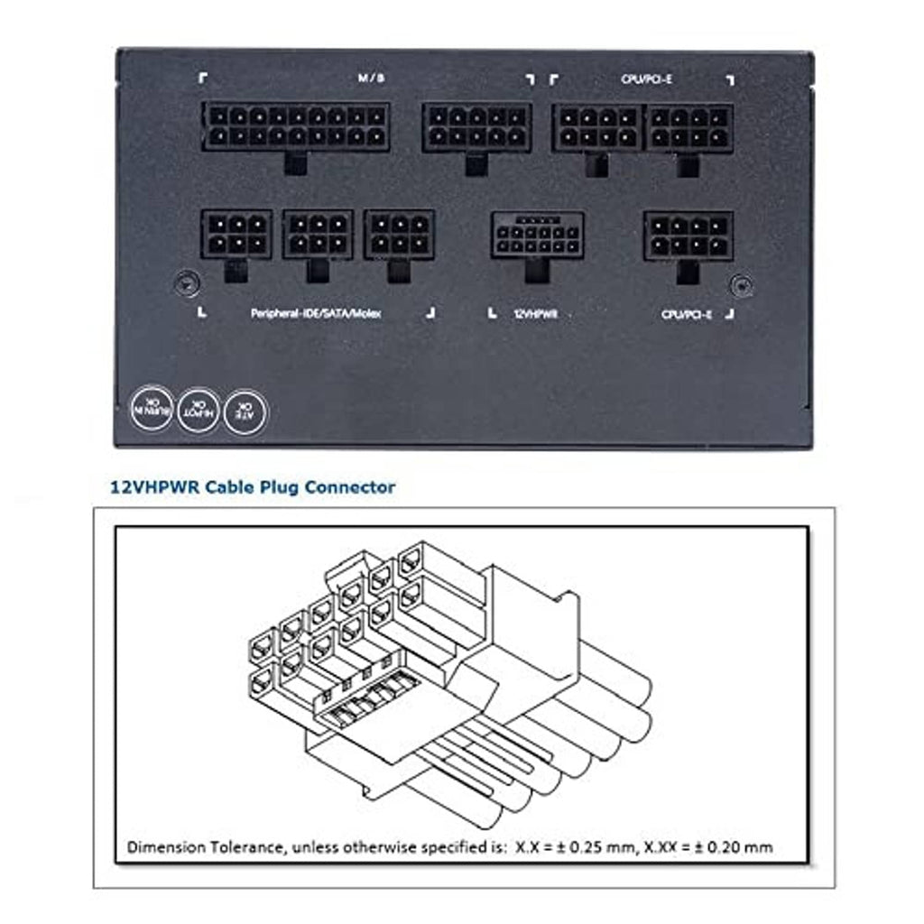 Black 12VHPWR cable plug connector with diagrams and labeled ports