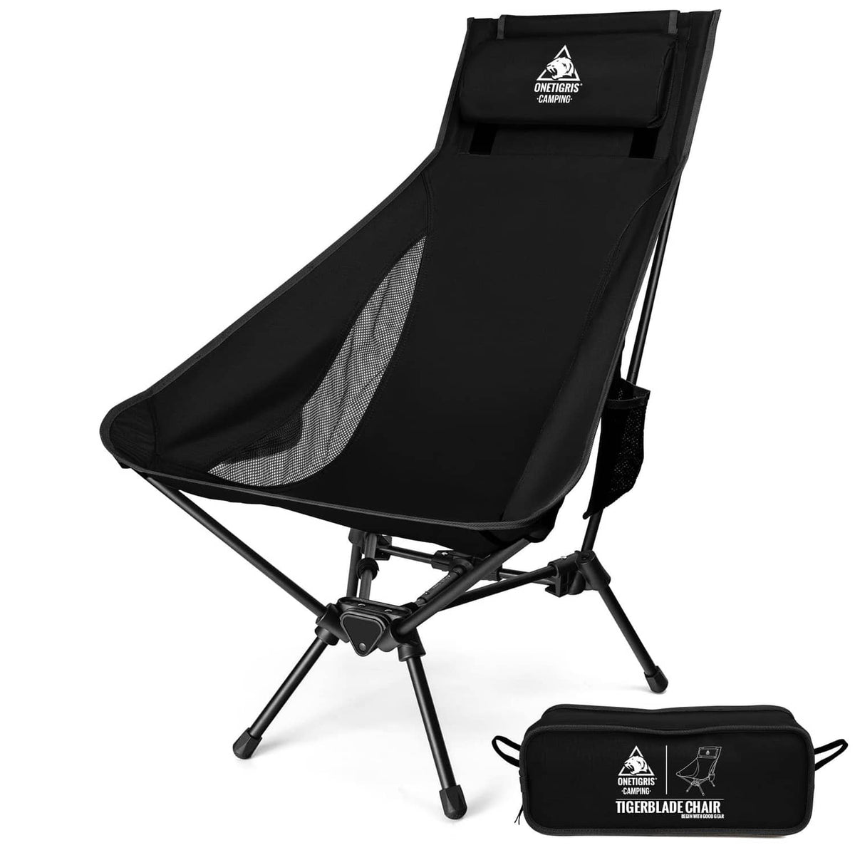 Black high-back camping chair with mesh panel and folding metal legs