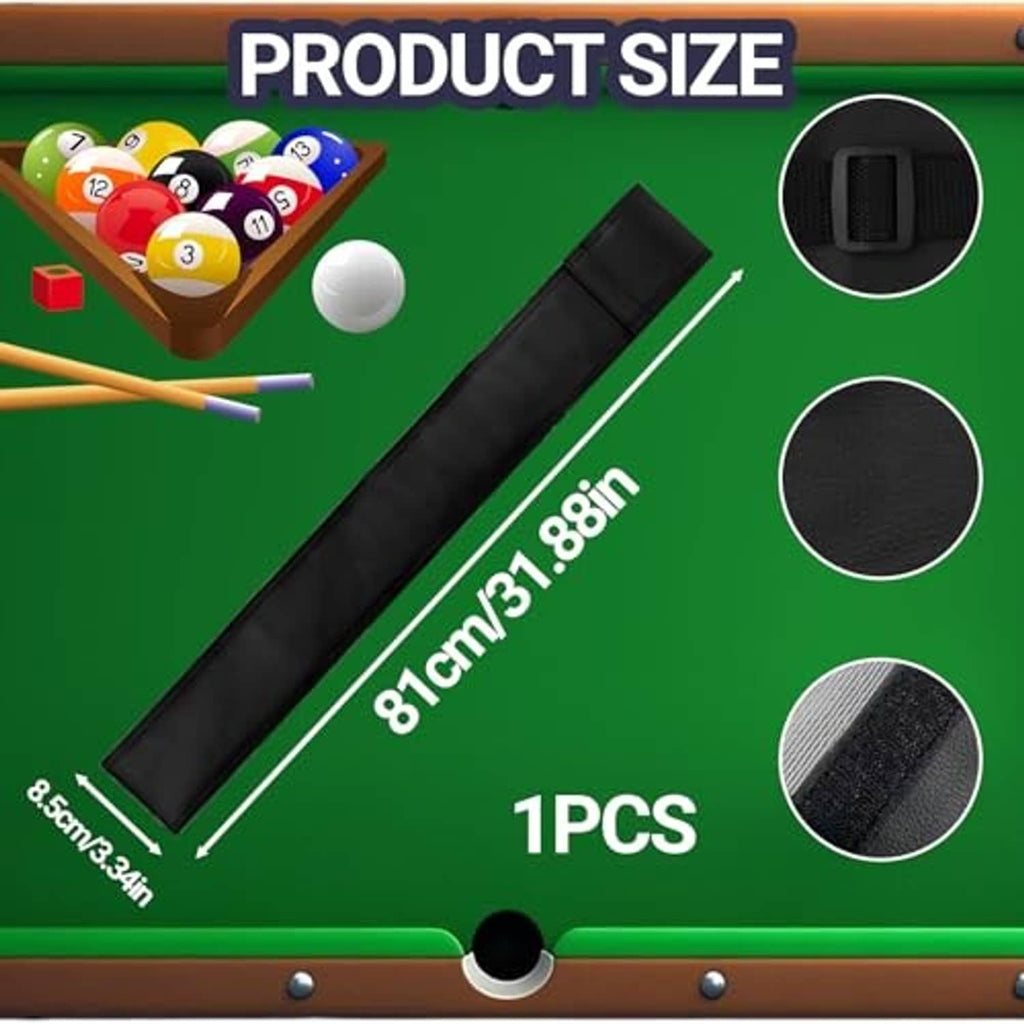 Black pool cue case size graphic with 1PC and cue dimensions shown
