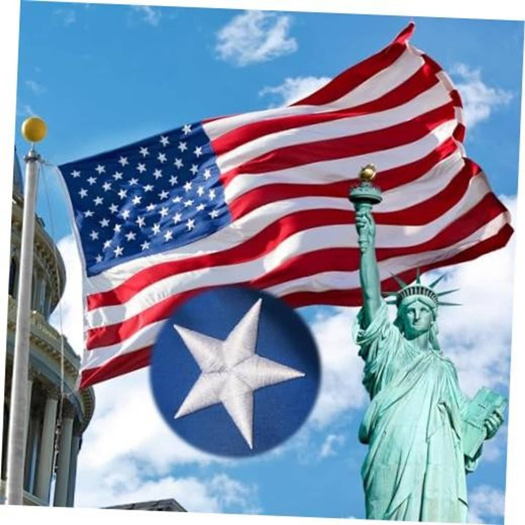 Outdoor American flag with red-and-white stripes and blue star field, waving