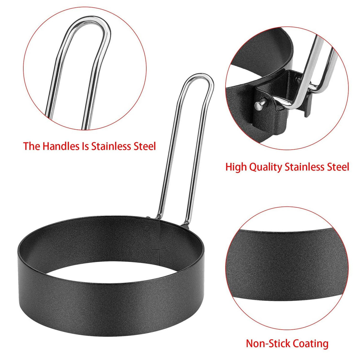 Stainless egg cooking ring with nonstick round base and tall handle