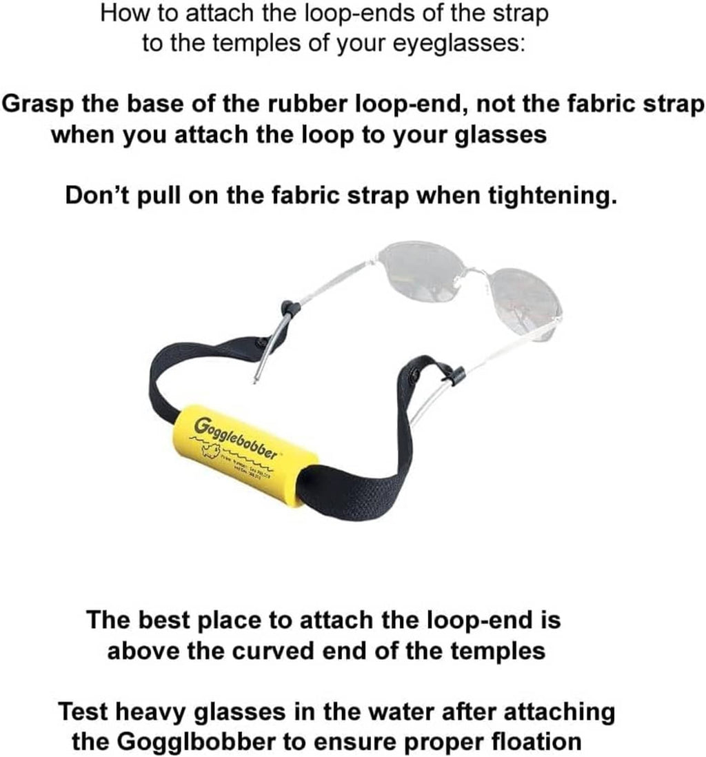 Black floating eyewear retainer with loop ends and yellow foam buoy for glasses
