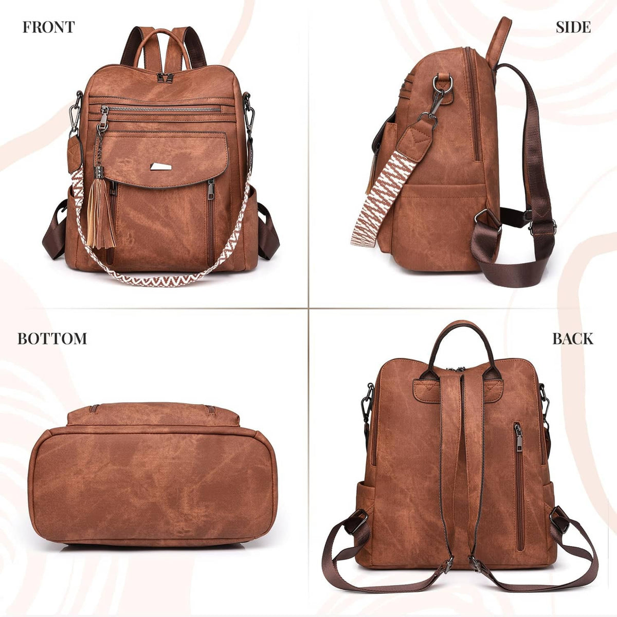 Brown PU leather backpack purse with front flap, side straps, and tassel crossbody strap