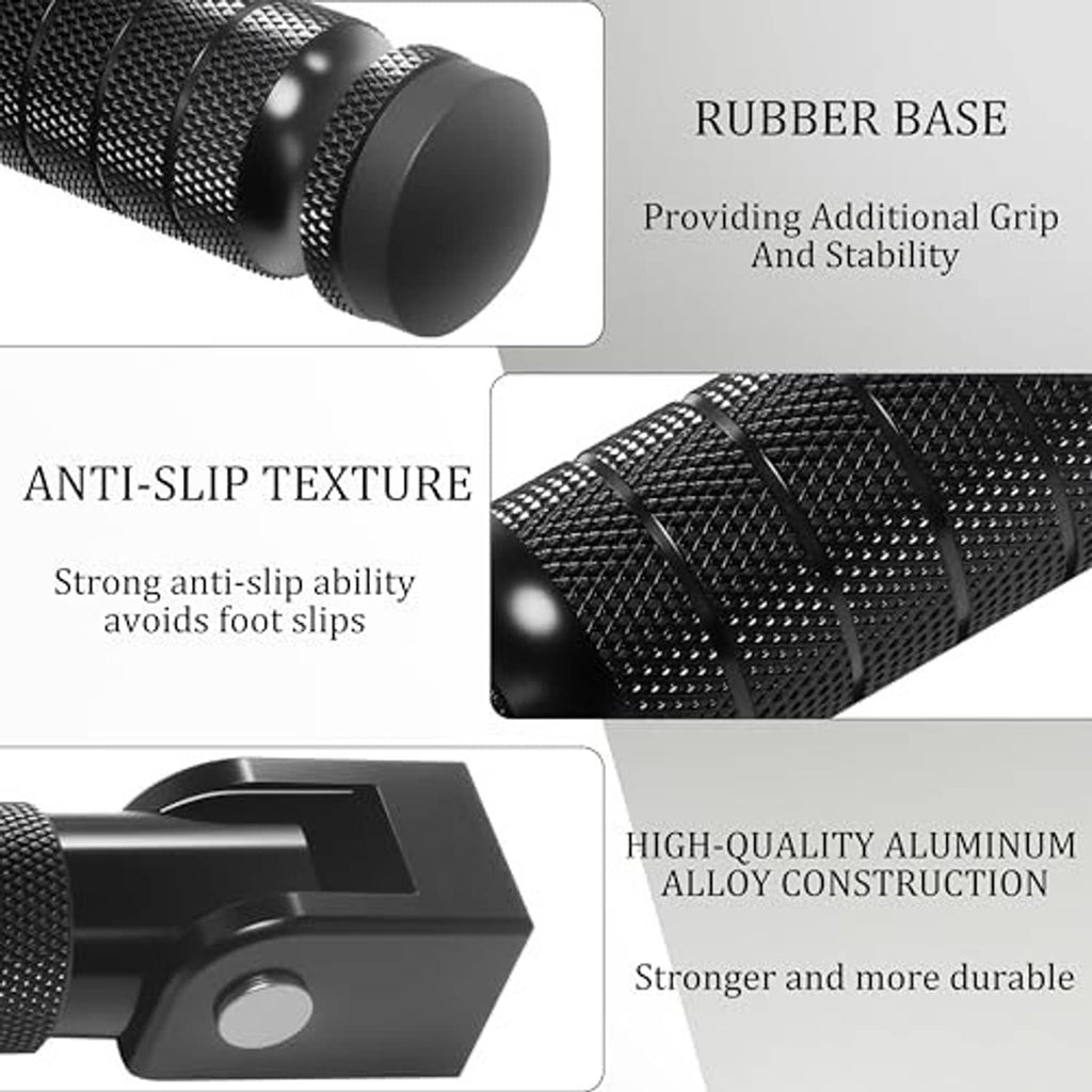 Black textured rubber foot peg ends with anti-slip grip and aluminum base.