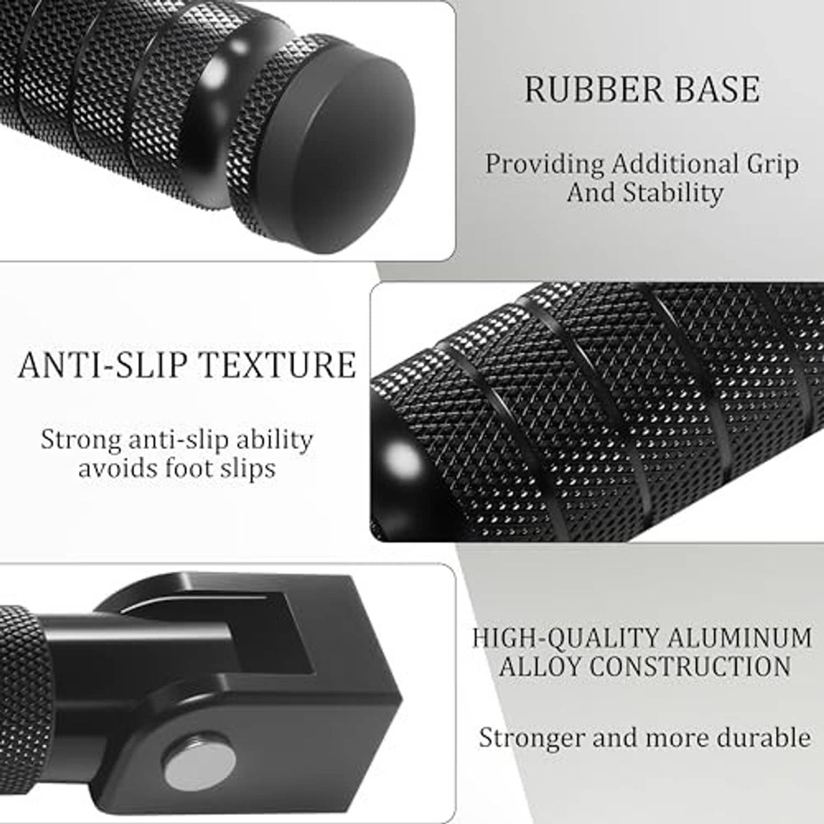 Black textured rubber foot peg ends with anti-slip grip and aluminum base.