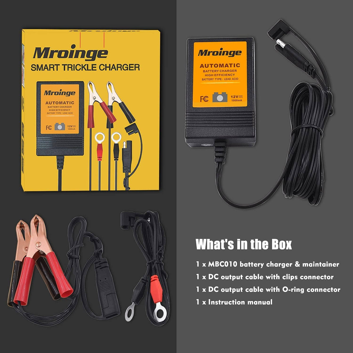 Smart trickle charger kit with charger unit, alligator clamps, DC cables, and extension cord.