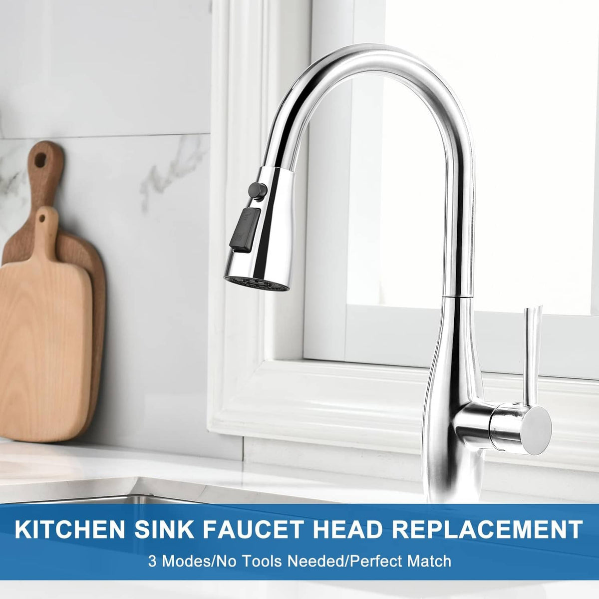 Chrome kitchen sink faucet head replacement on pull-down spout with black selector