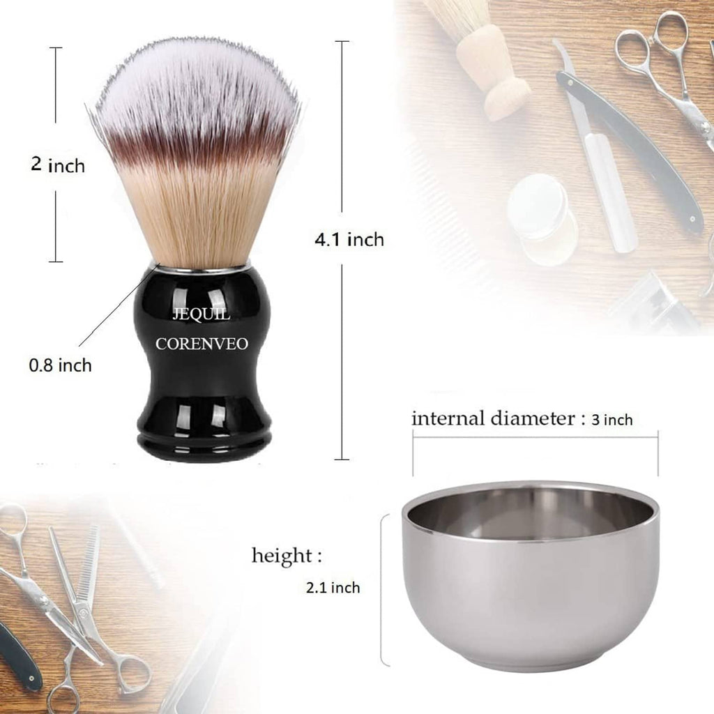 Shaving brush and silver bowl with included accessories shown in layout
