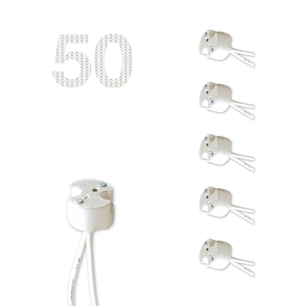 50-pack mini bi-pin light bulb socket adapters with white base and two metal pins