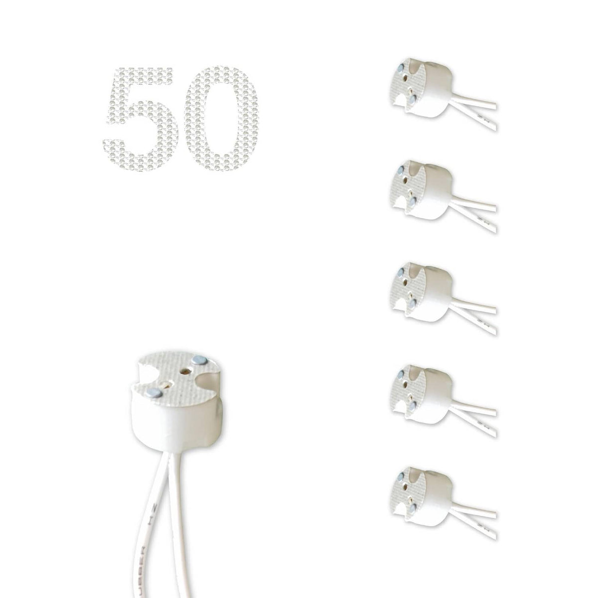 50-pack mini bi-pin light bulb socket adapters with white base and two metal pins