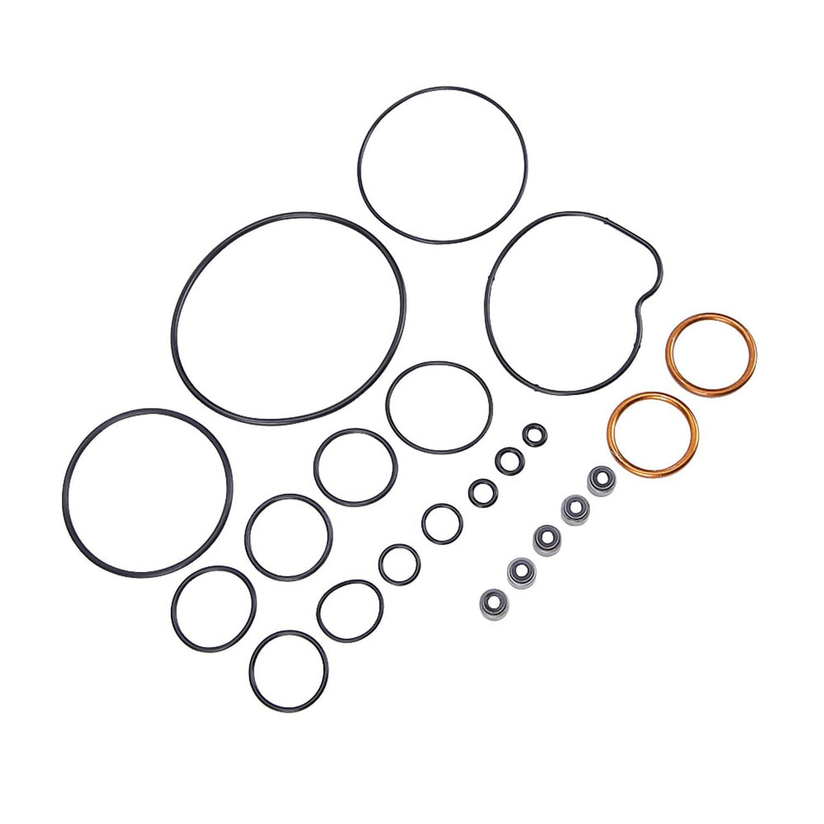 Engine top and bottom end gasket kit with round gaskets and copper seal rings