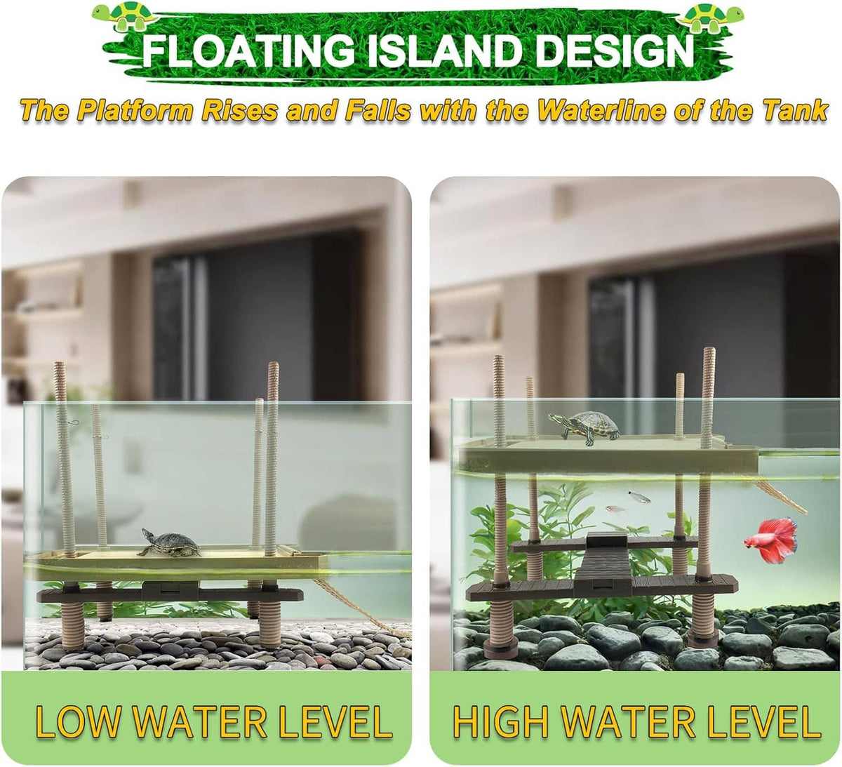 Floating turtle basking platform with feeding area and upright support posts
