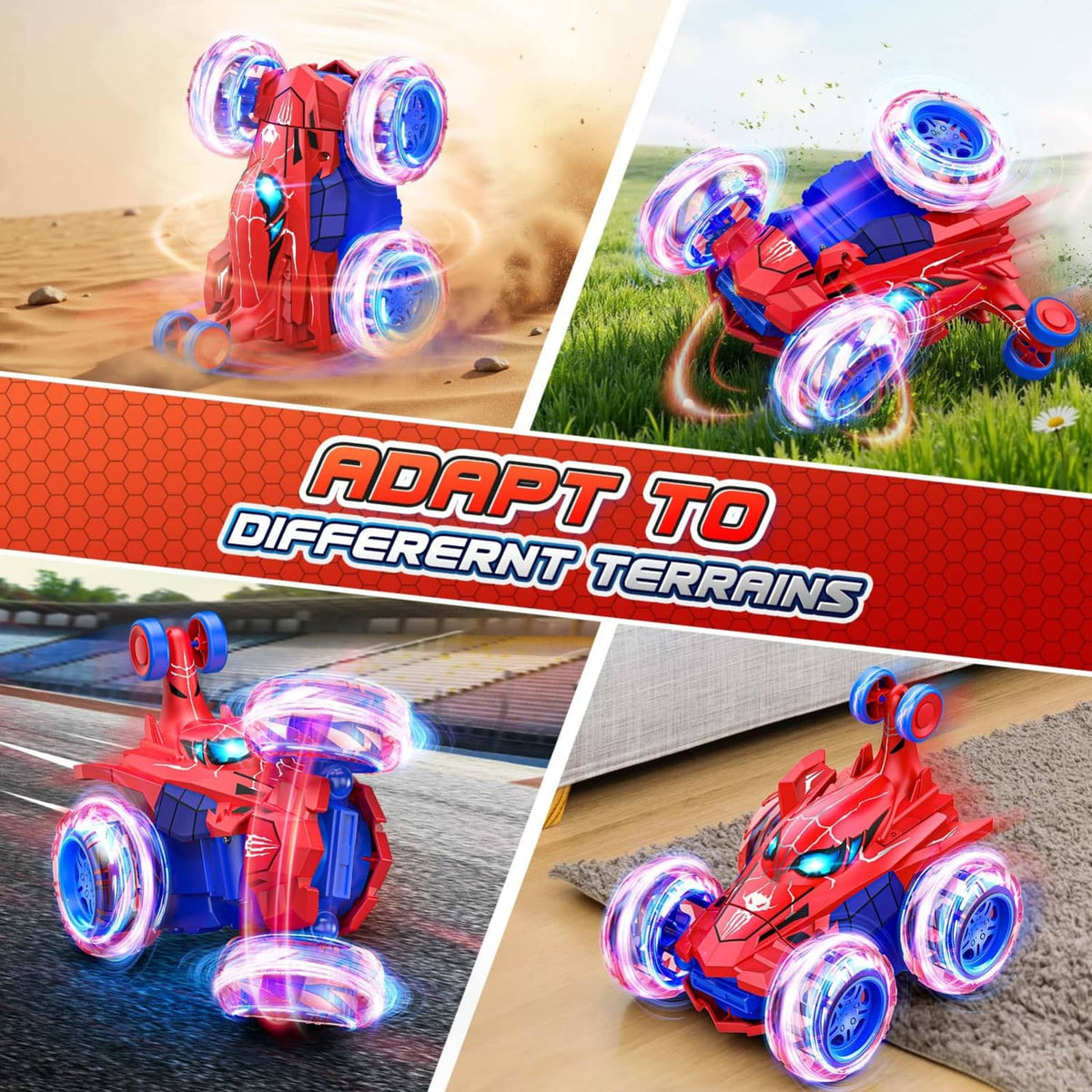 Red 4WD RC stunt car with glowing blue wheels in multi-terrain motion view