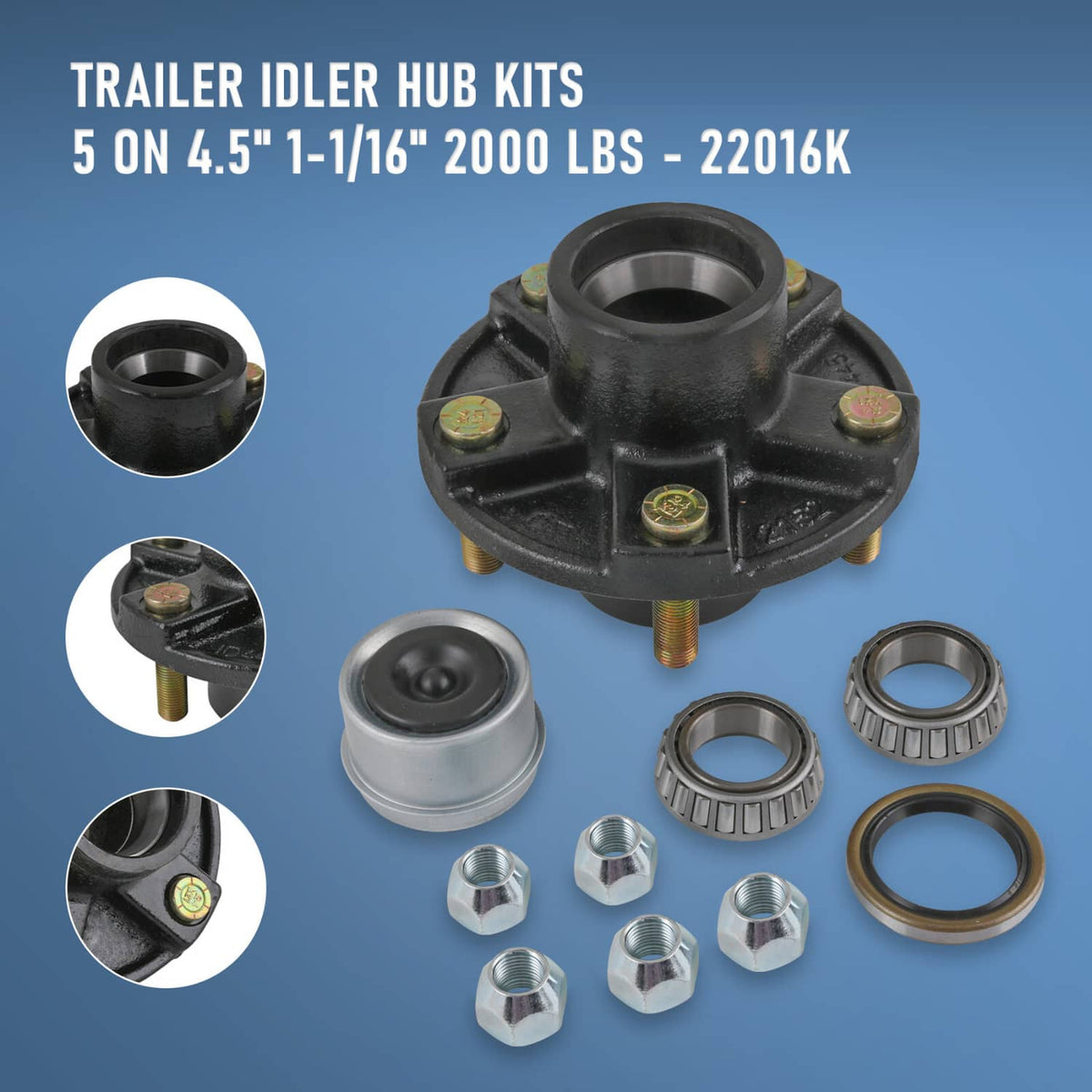Trailer idler hub kit with black hub flange, two spindles, and bearing and seal pieces