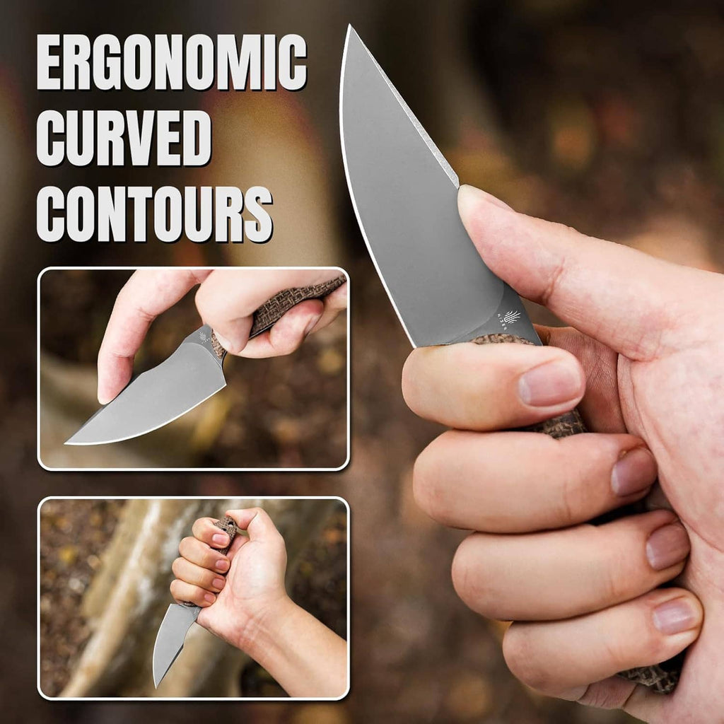 Fixed blade knife held in hand with gray blade and tan micarta handle