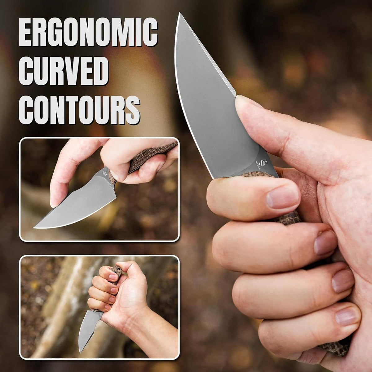 Fixed blade knife held in hand with gray blade and tan micarta handle